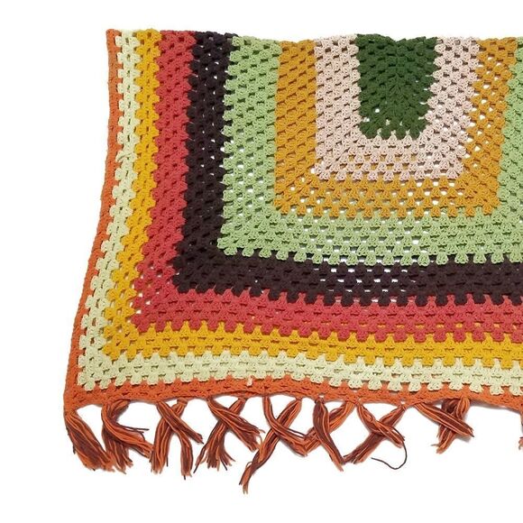 VINTAGE 1970s Handmade Crochet Fall Fringe Granny Square Afghan Throw Blanket - Picture 6 of 16